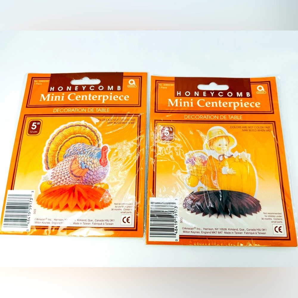 VTG Amscan Mini Thanksgiving Honeycomb Centerpieces Lot Of 2 Turkey/Pilgrim Boy
